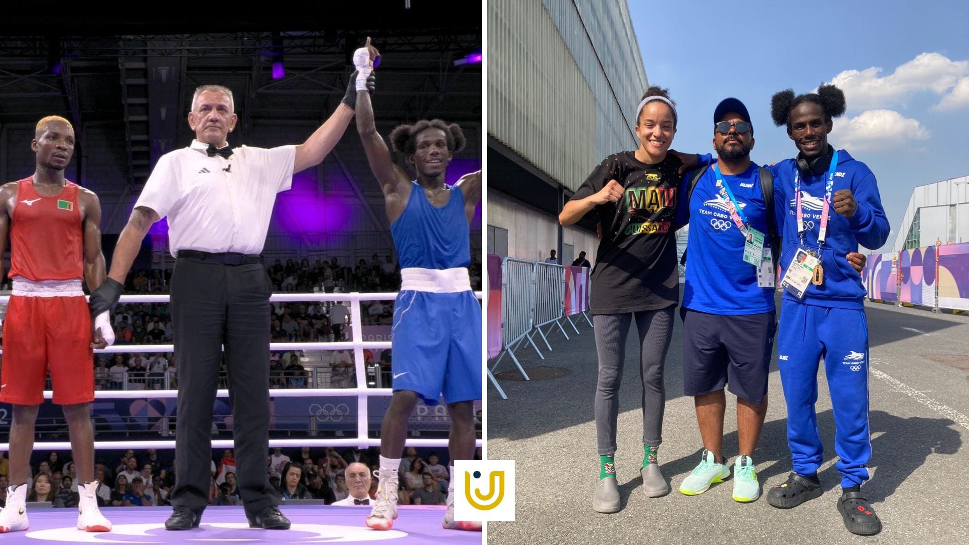 Robinho, ao centro, e seus atletas: Marine Câmara, pugilista de Mali, e David Pina, de Cabo Verde, vencedor da medalha de bronze.